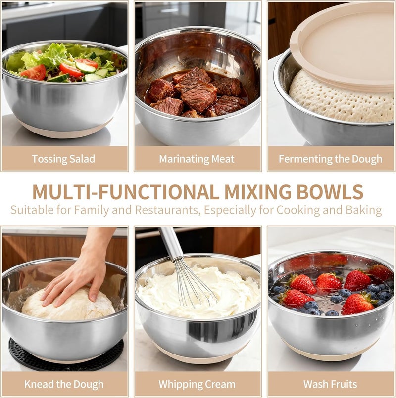 Deedro Premium Mixing Bowls with Airtight Lids Set, 22Pcs Thicker Stainless Steel Mixing Bowl Set, Large Prep Metal Bowls, Non-Slip Silicone Base Nesting Bowls for Kitchen, 1.5/2/3/4/5 QT, Khaki - Image 5